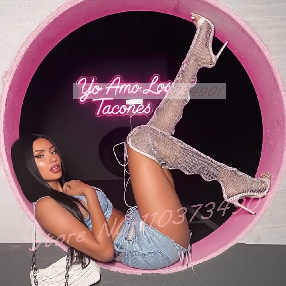 Fishnet Stocking Women - Netzstrumpf Oberschenkelhohe Stiefel Frauen Rosa Kristalle