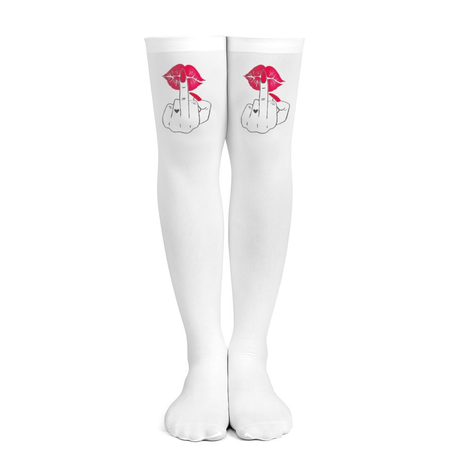 Knee High Sock Women - Weiße Damen-Overknee-Socken mit rotem Lippenabdruck am