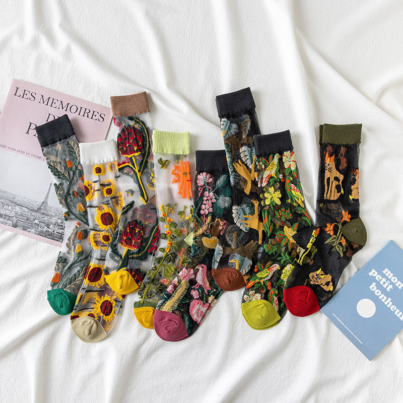 Silk Sock Bamboo - 1/4 Paar Retro-Blumen-Damensocken aus Glasseide, Sommer,