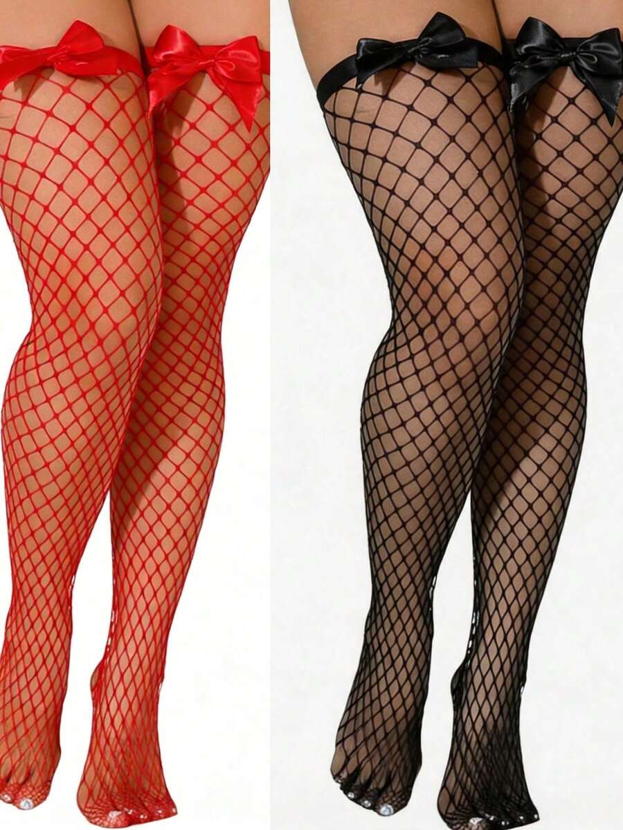 Fishnet Stocking Women - Netzstrümpfe mit Schleifendekor, elastische, ausgehöhlte Netzstrümpfe